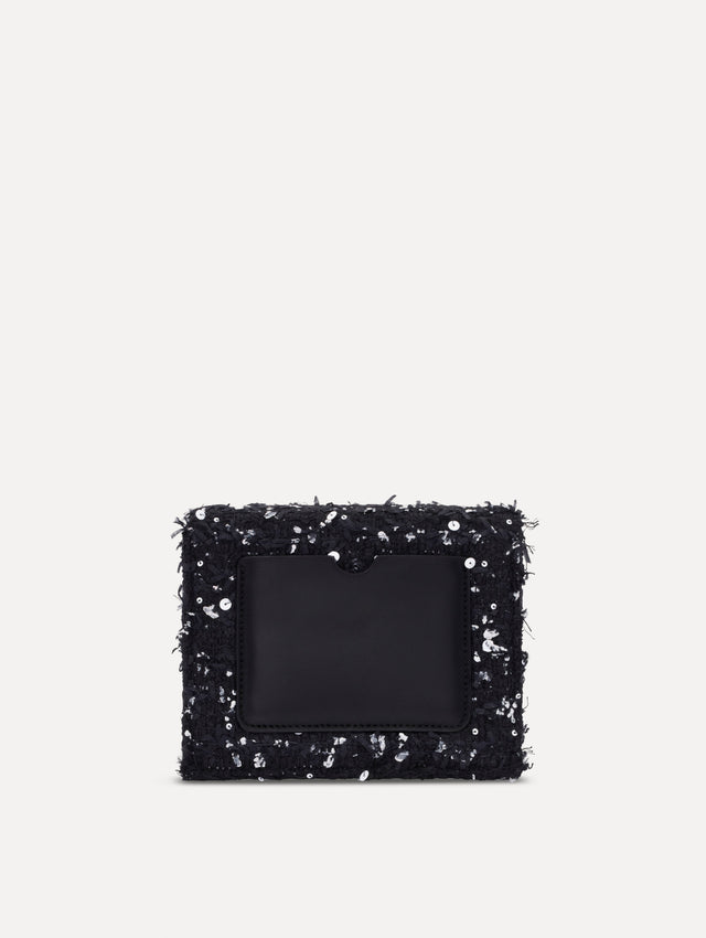 The Sequin Ribbon Tweed Mini TRO Bag in black. Back view.