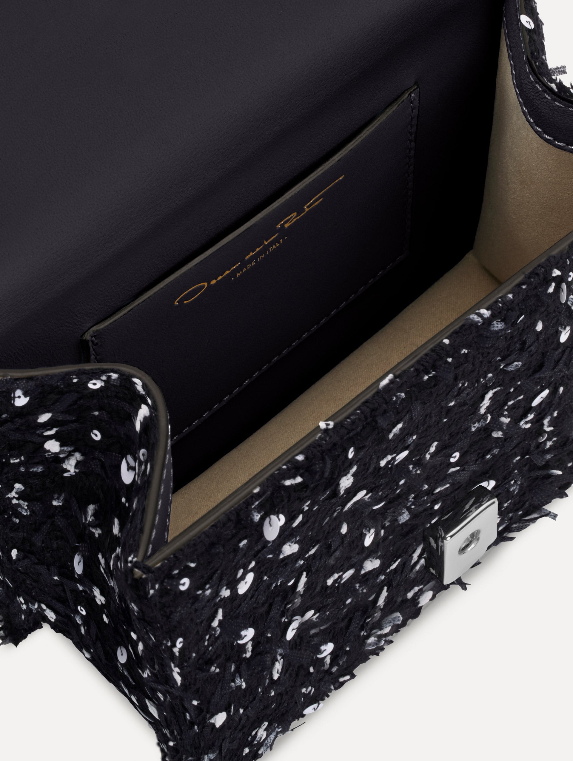 The Sequin Ribbon Tweed Mini TRO Bag in black. Zoom view.
