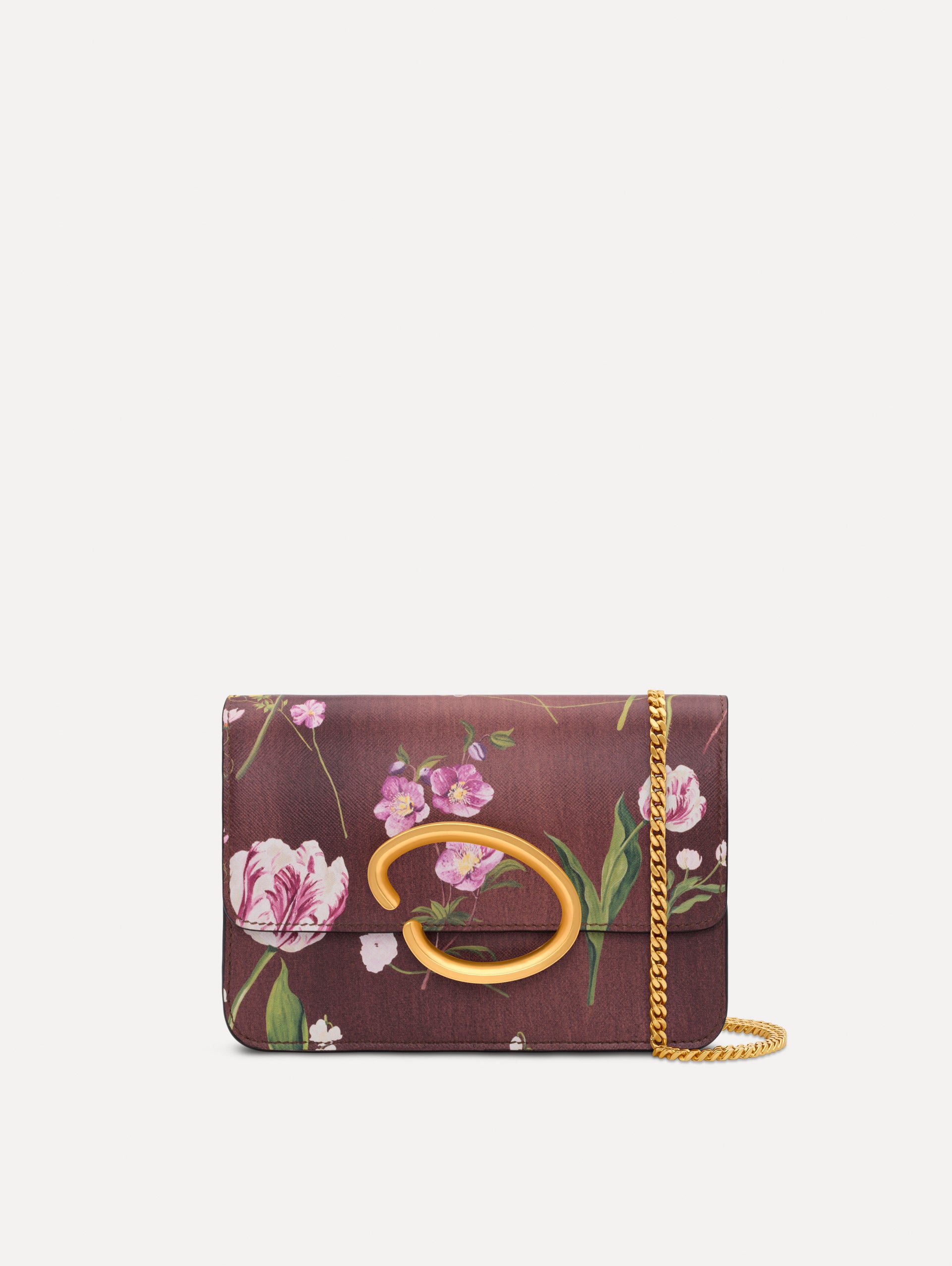 The Mixed Botanical Printed O Pochette in the color brown. Front view.