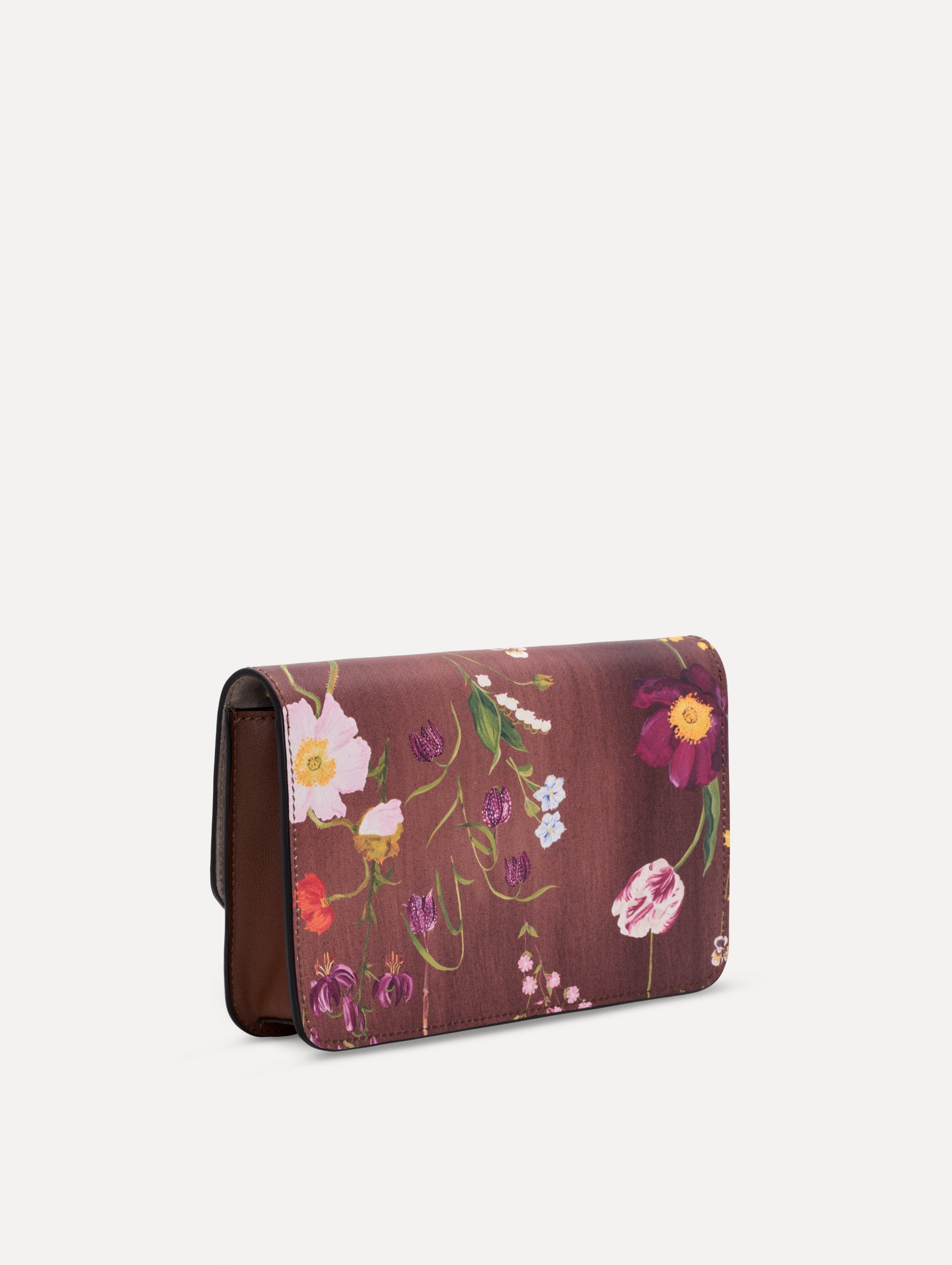 The Mixed Botanical Printed O Pochette in the color brown. Back view.