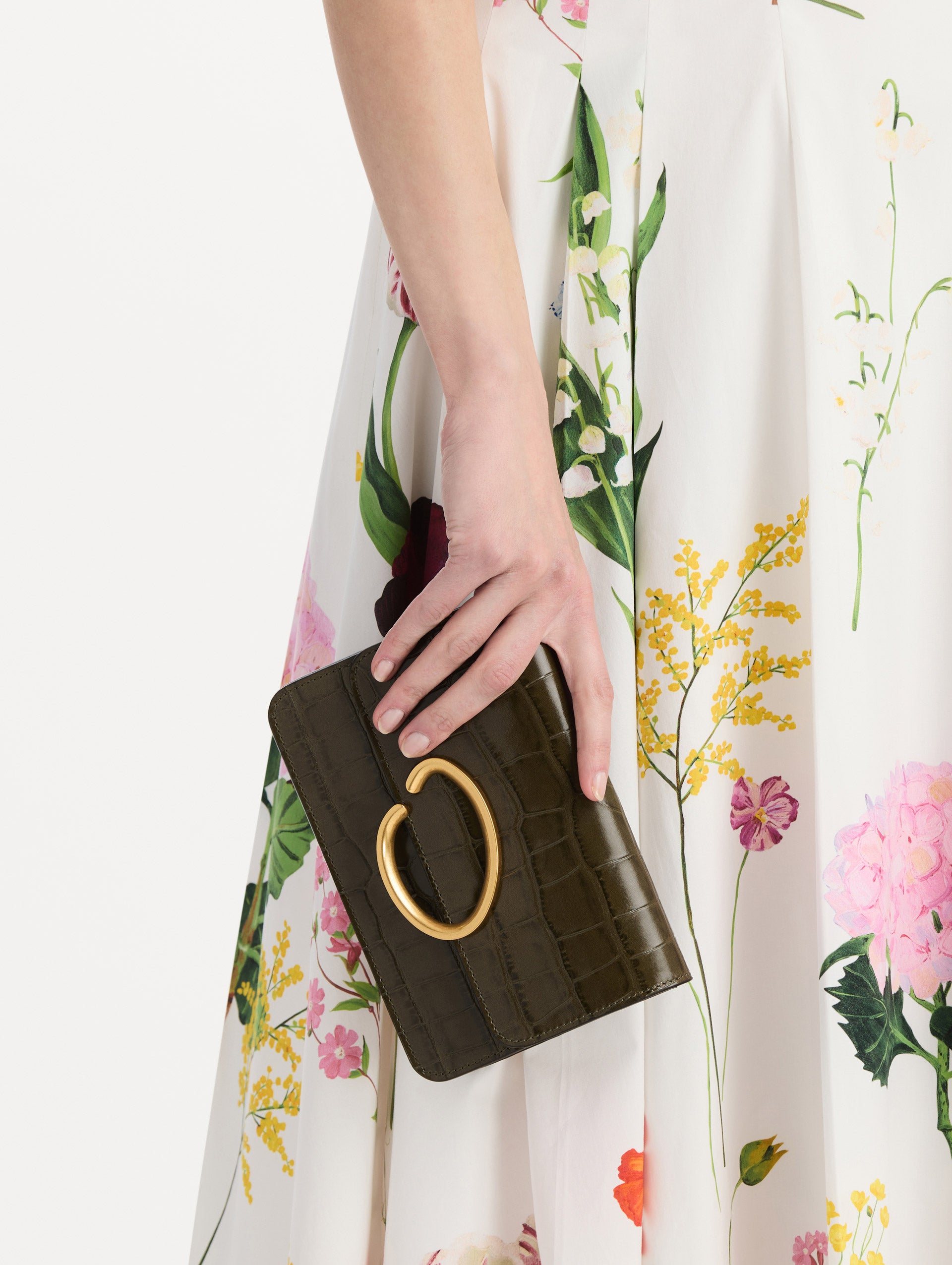 The Embossed O Pochette in Olive. Front view.