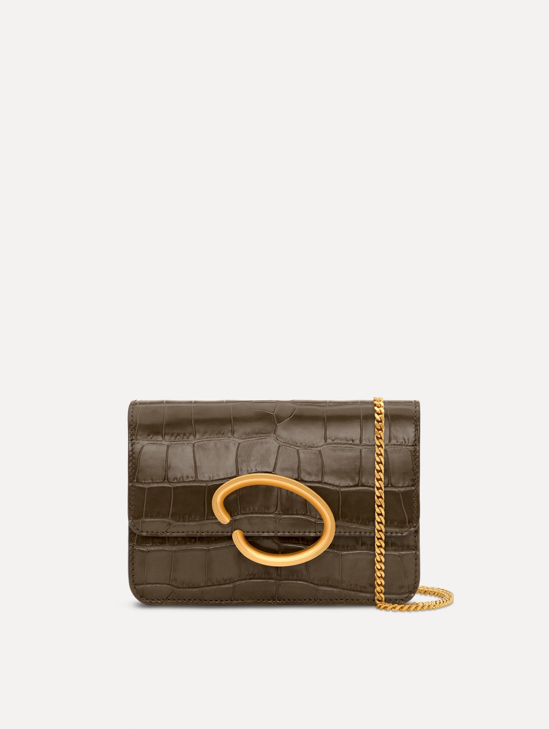 The Embossed O Pochette in Olive. Front view.