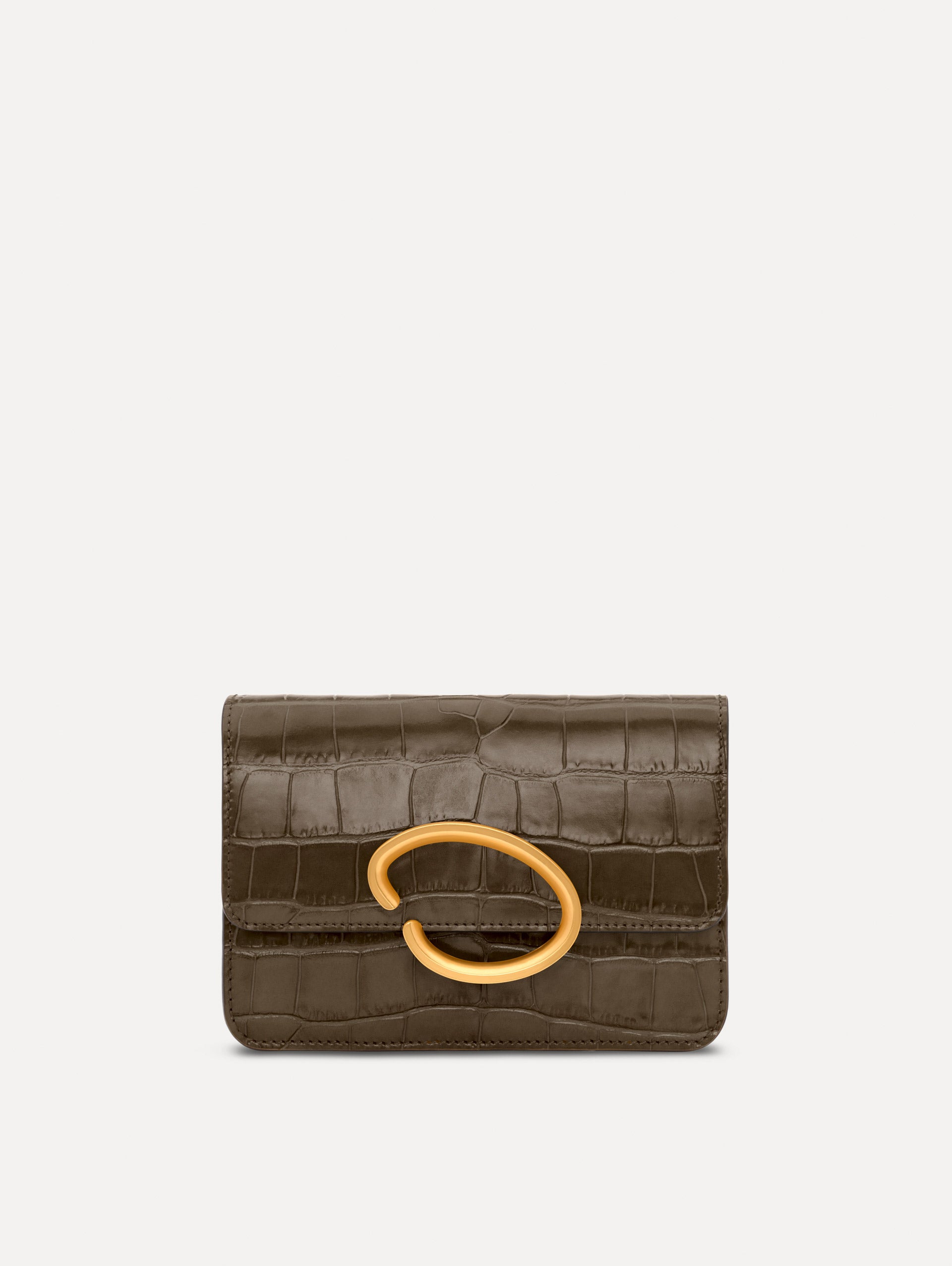 The Embossed O Pochette in Olive. Front view.