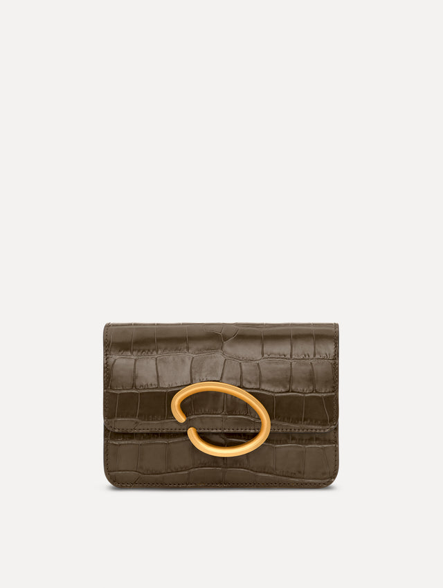 The Embossed O Pochette in Olive. Front view.