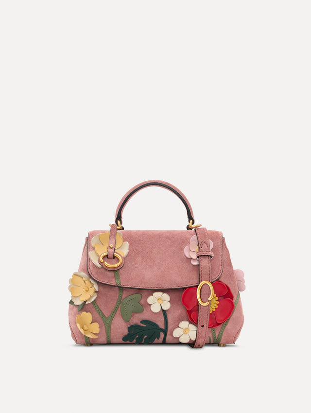 The Mini Poppy in Suede in the color blush. Front view.