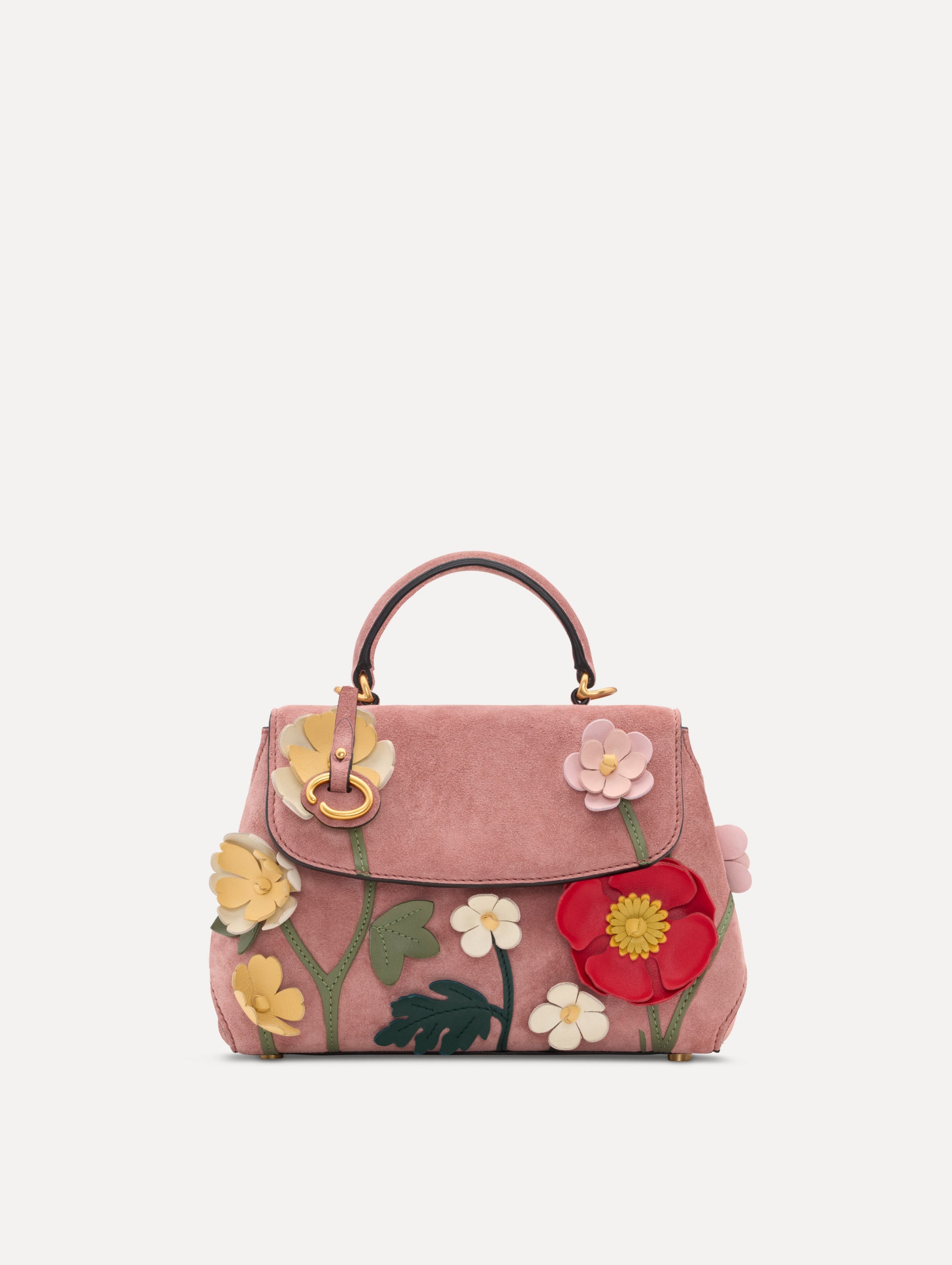 The Mini Poppy in Suede in the color blush. Front view.
