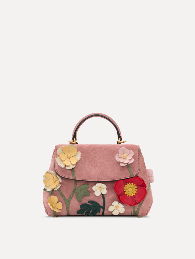 The Mini Poppy in Suede in the color blush. Front view.