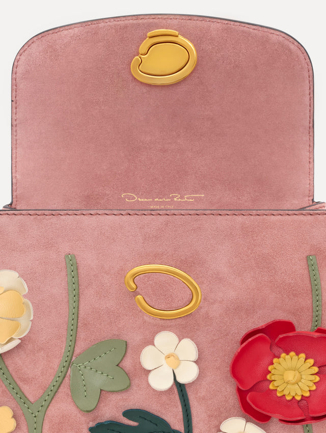 The Mini Poppy in Suede in the color blush. Zoom view.