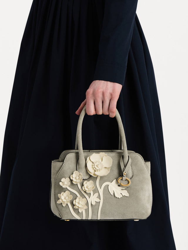 The Mini Ivy in Suede in the color grey. Front view.