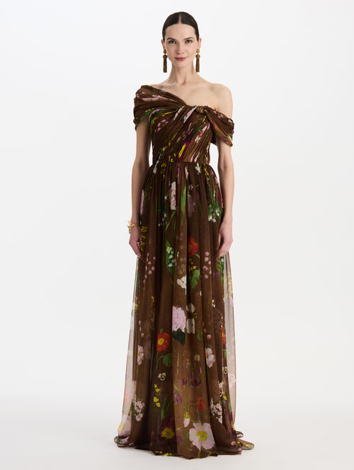 Mixed Botanical Silk Chiffon Off-Shoulder Gown