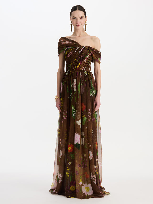 Mixed Botanical Silk Chiffon Off-Shoulder Gown