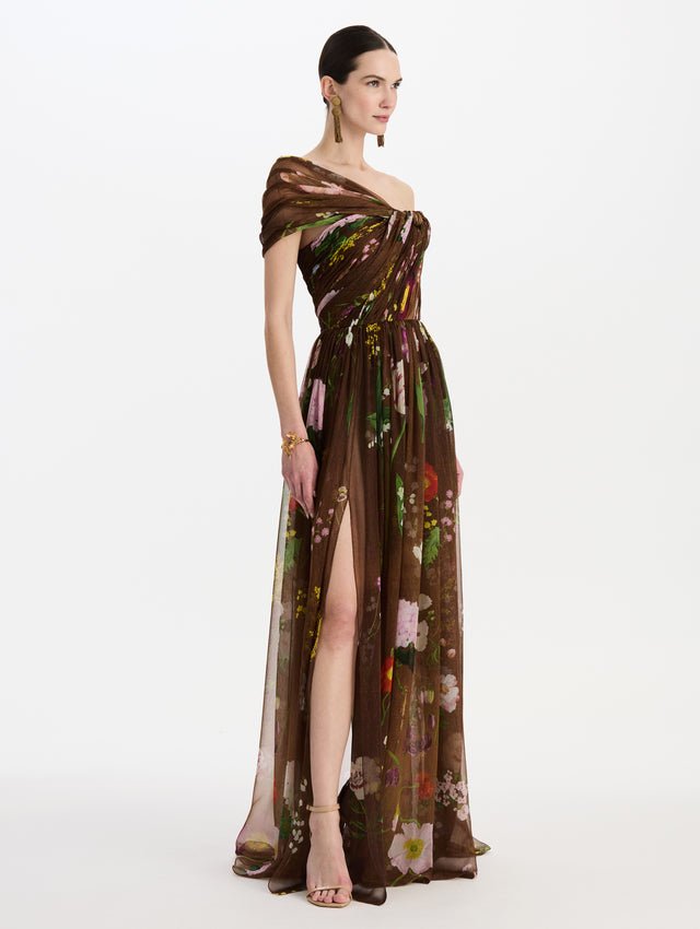 Mixed Botanical Silk Chiffon Off-Shoulder Gown