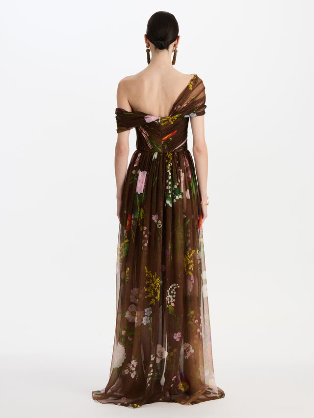 Mixed Botanical Silk Chiffon Off-Shoulder Gown