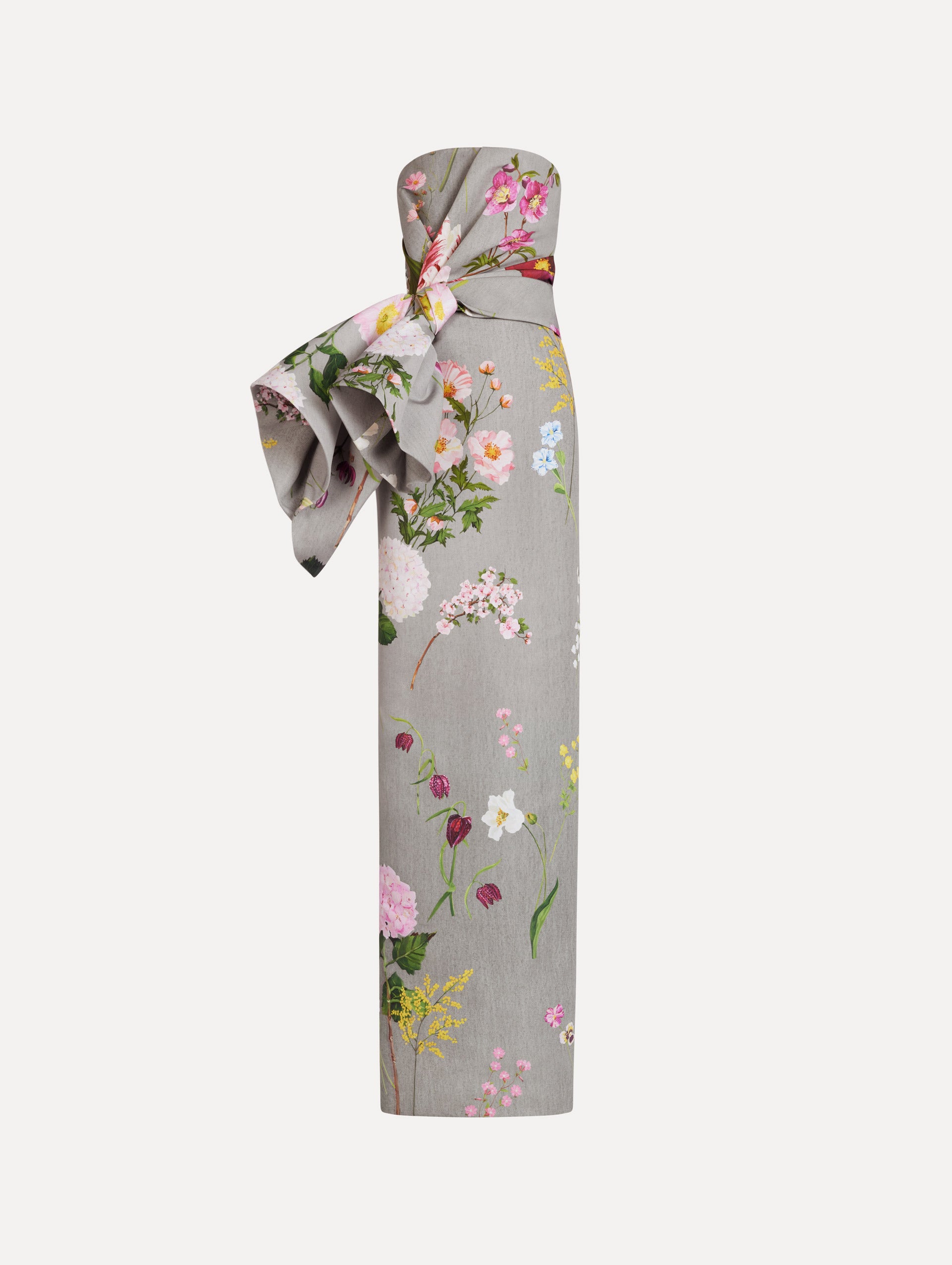 Mixed Botanical Drape-Detailed Faille Gown