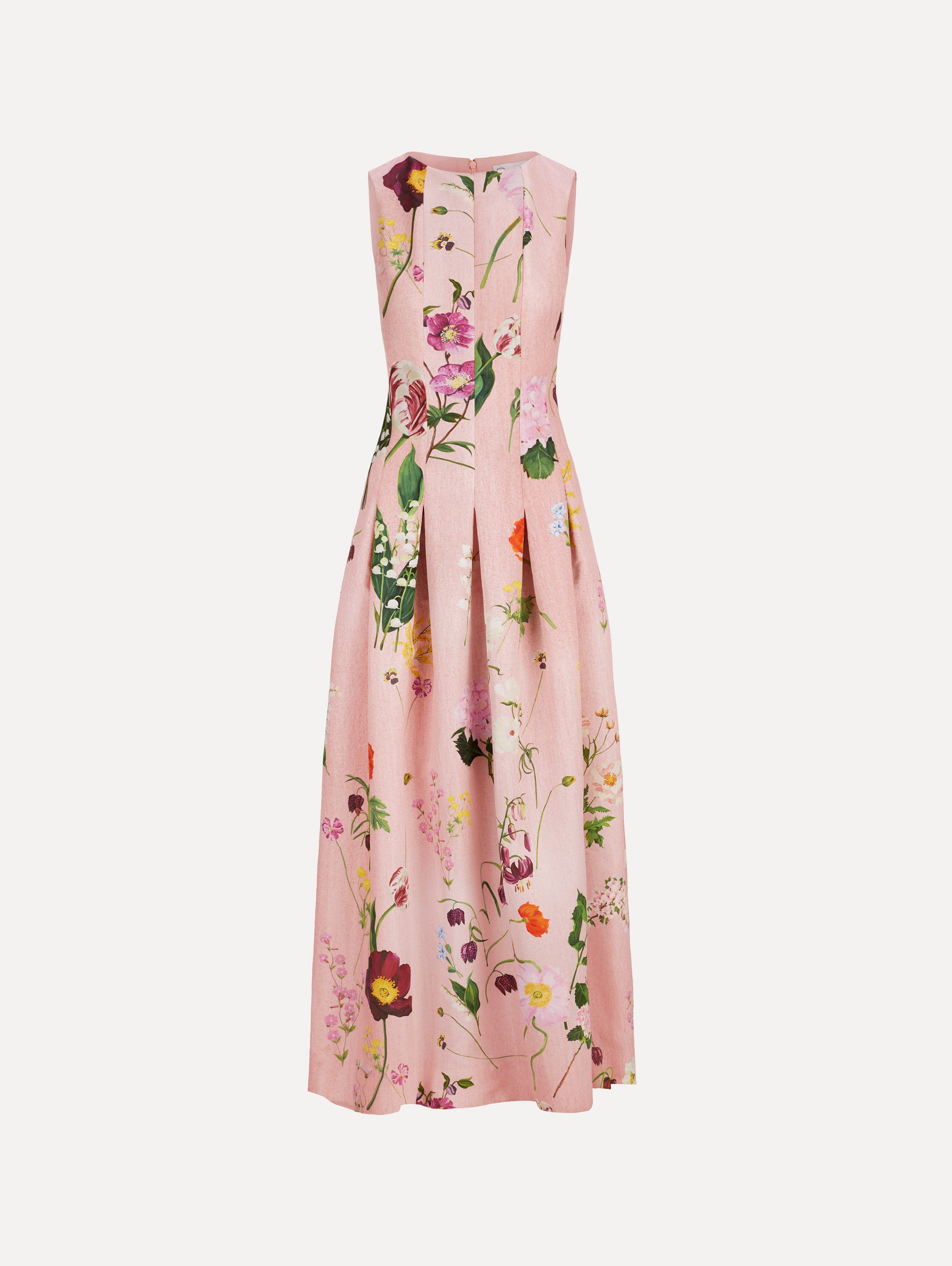 The model is wearing Mixed Botanical Faille Sleeveless Gown with a classic floor-length silhouette in blush multi.