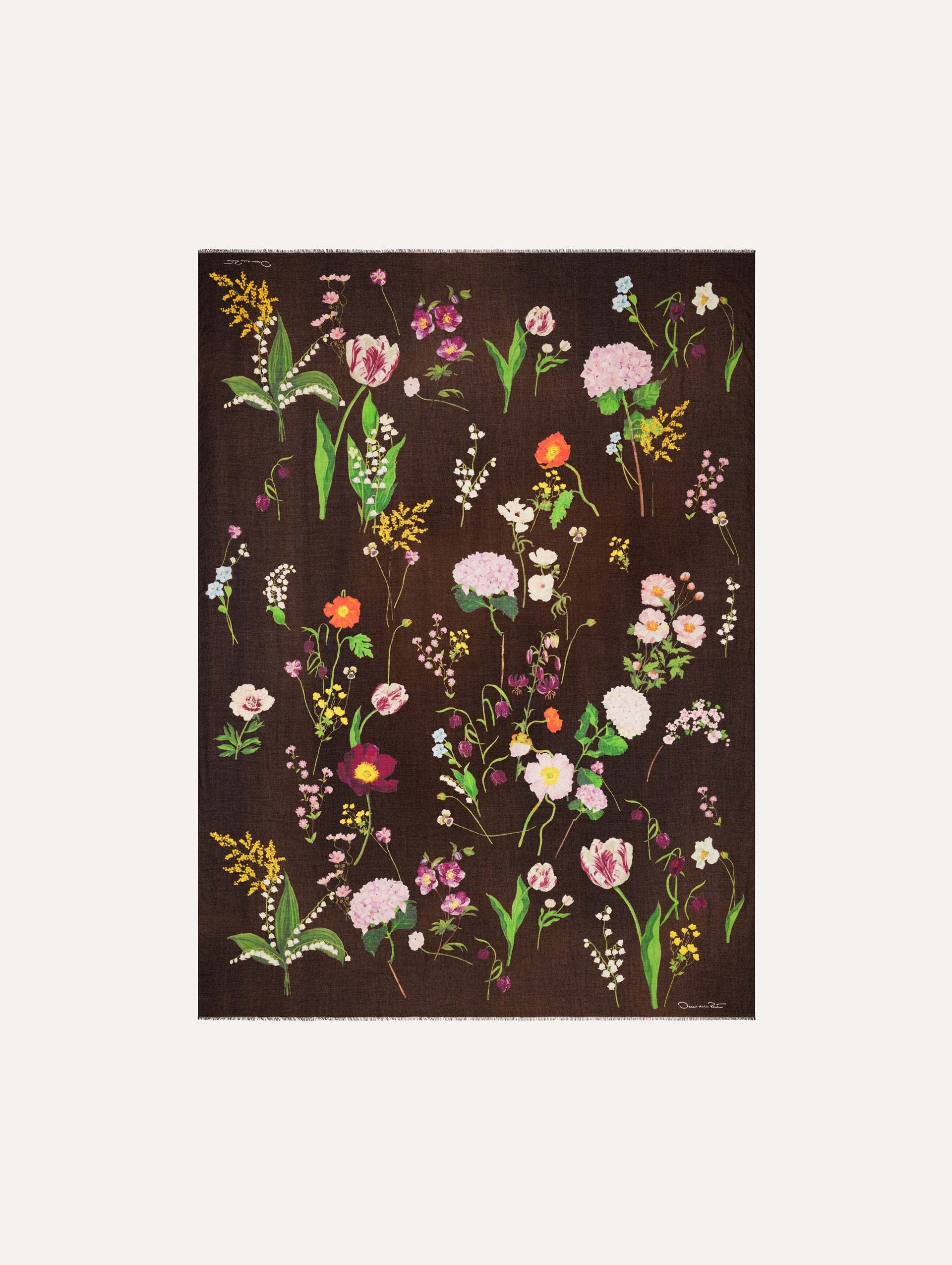 The model is wearing the mixed botanical scarf with an all-over floral print in the color brown. Full view. 
