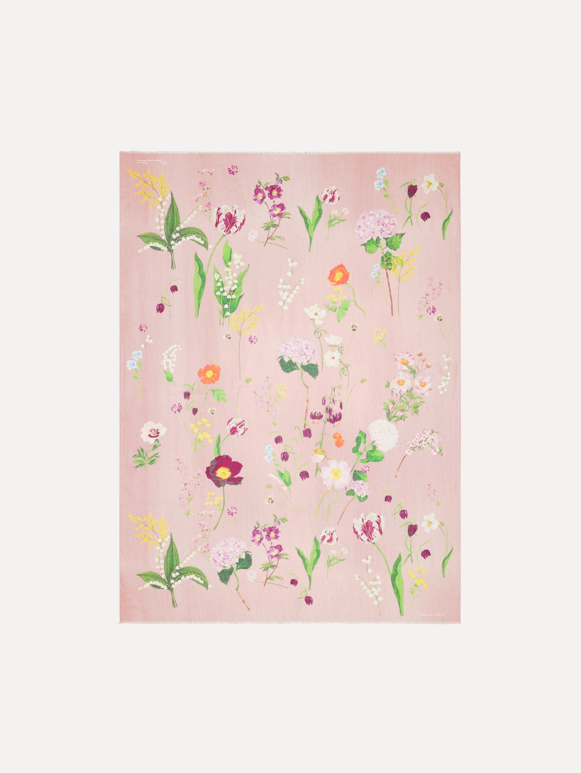 The model is wearing the mixed botanical scarf with an all-over floral print in the color pink multi. Front view. 