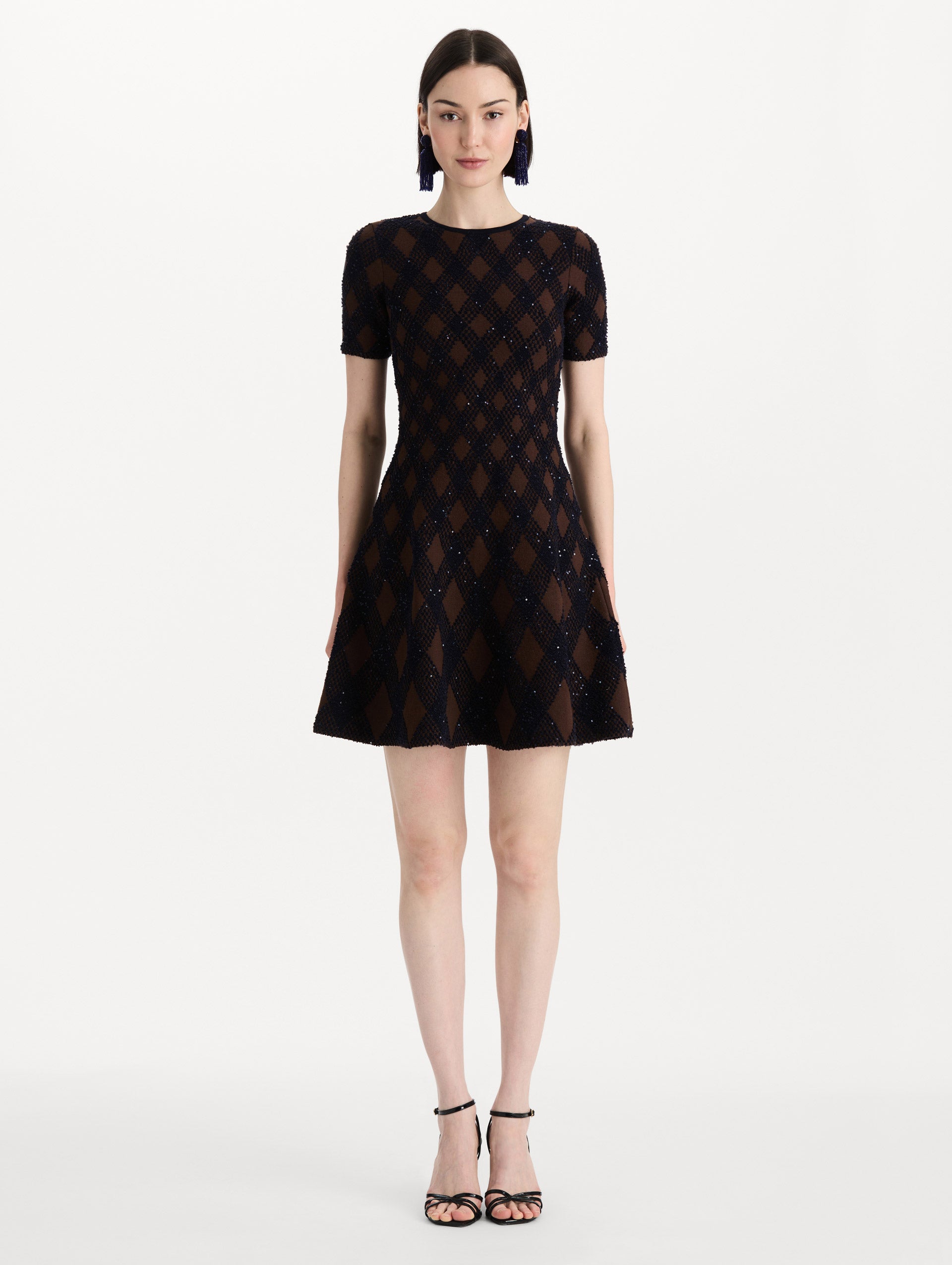 The model is wearing the argyle knit dress with a fit-and-flare silhouette in navy and brown. Front view. 
