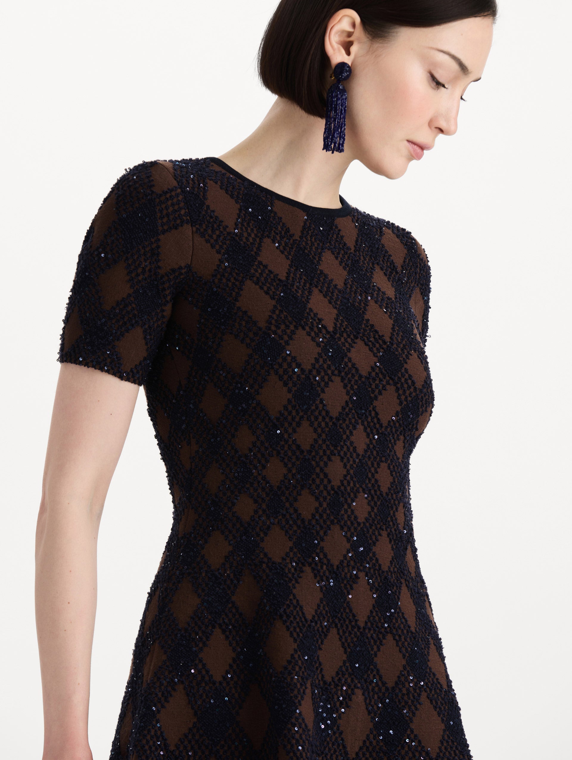 The model is wearing the argyle knit dress with a fit-and-flare silhouette in navy and brown. Zoom view.
