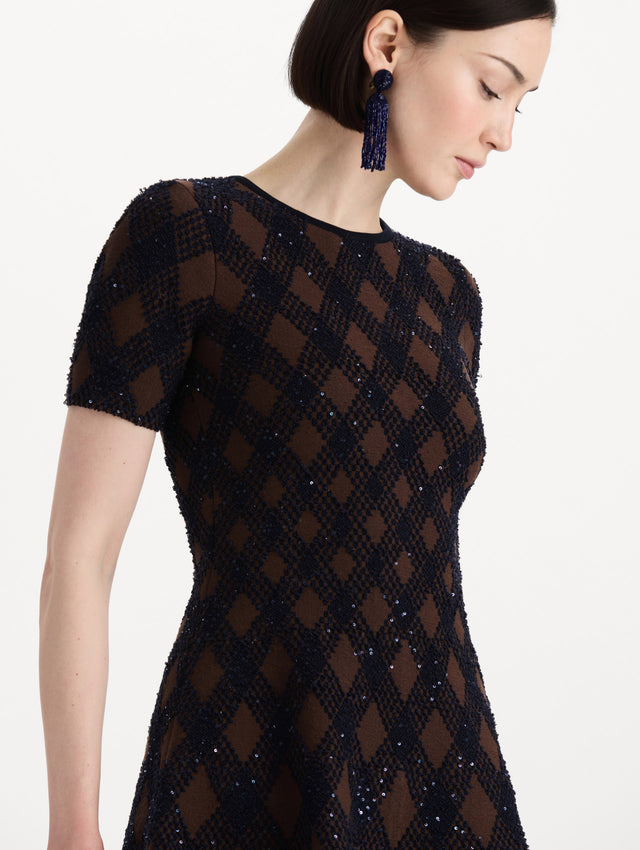 The model is wearing the argyle knit dress with a fit-and-flare silhouette in navy and brown. Zoom view.