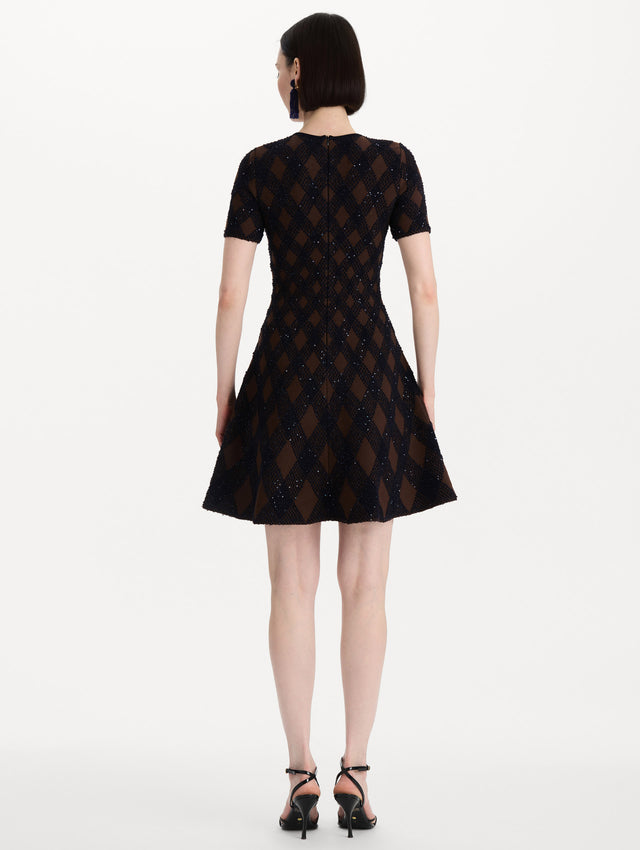 The model is wearing the argyle knit dress with a fit-and-flare silhouette in navy and brown. Back view.