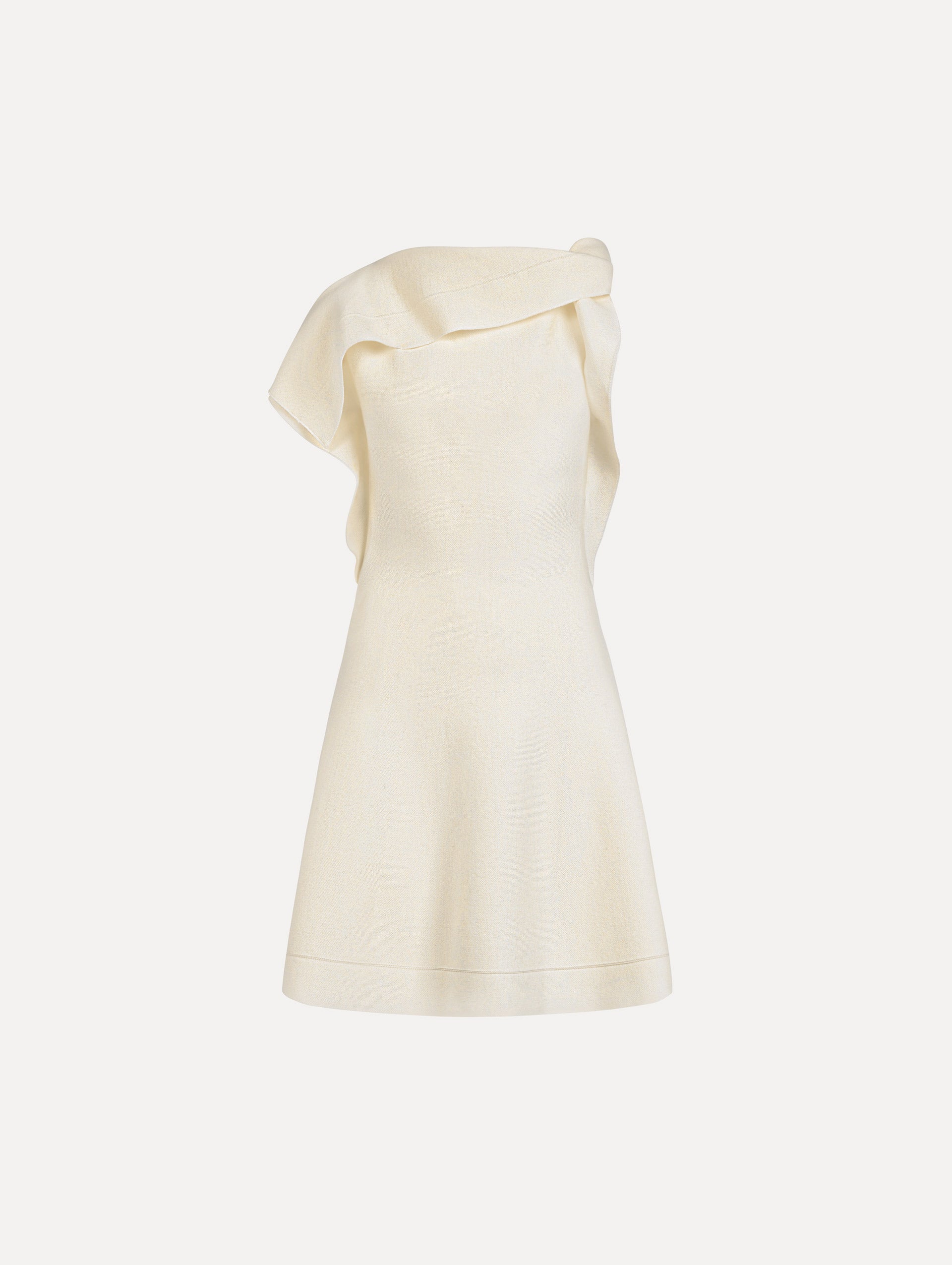 The model is wearing the drape-detailed knit dress with a draped neckline in the color ivory.