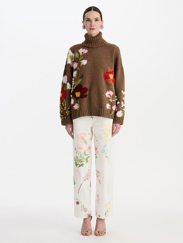 Mixed Botanical Embroidered Turtleneck Pullover