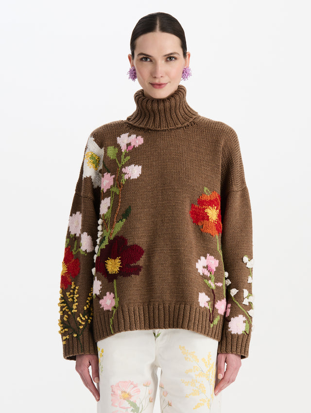 Mixed Botanical Embroidered Turtleneck Pullover