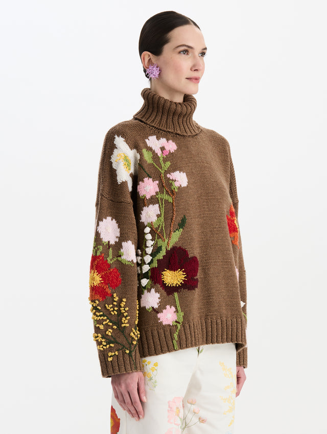 Mixed Botanical Embroidered Turtleneck Pullover