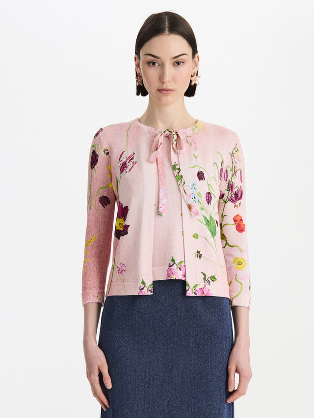 Mixed Botanical Printed Tie Neck Cardigan