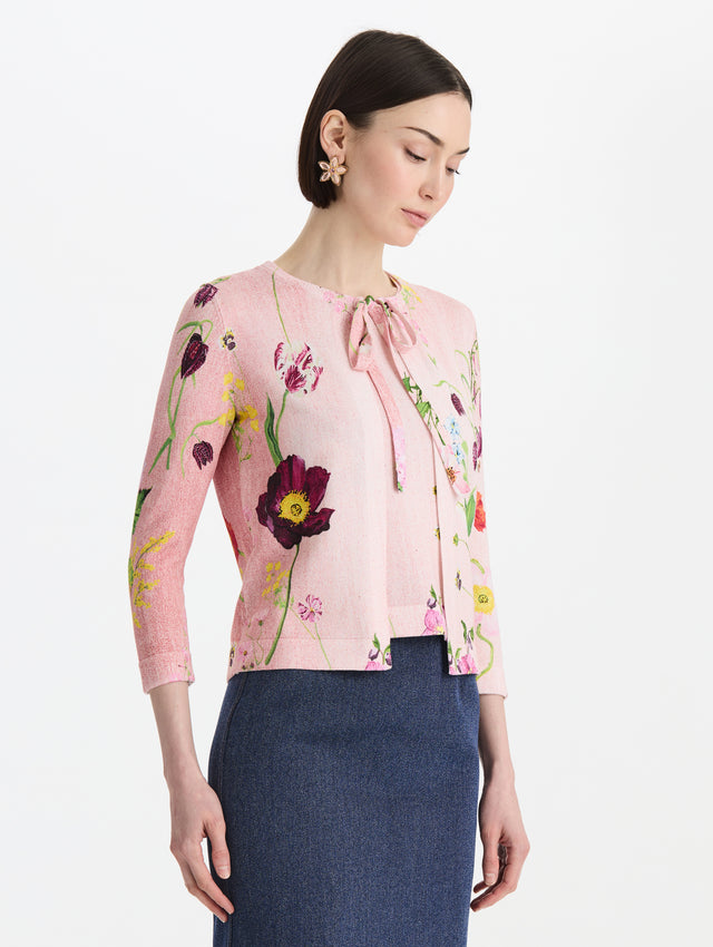 Mixed Botanical Printed Tie Neck Cardigan