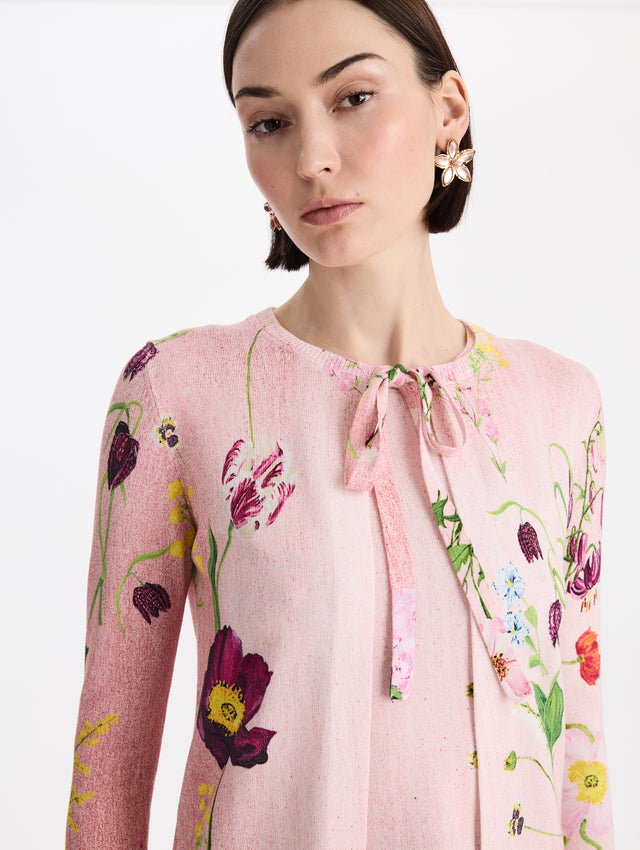 Mixed Botanical Printed Tie Neck Cardigan