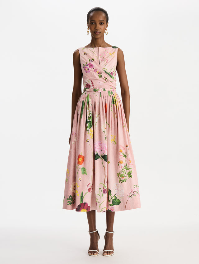 Mixed Botanical Cotton Poplin Draped Dress