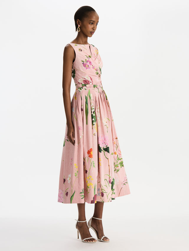 Mixed Botanical Cotton Poplin Draped Dress