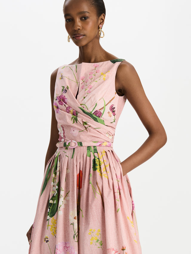 Mixed Botanical Cotton Poplin Draped Dress
