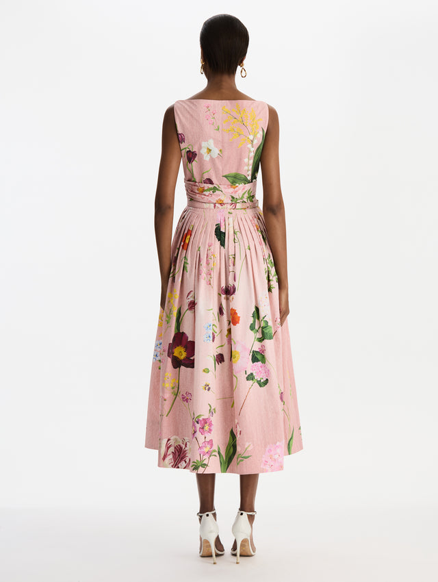 Mixed Botanical Cotton Poplin Draped Dress