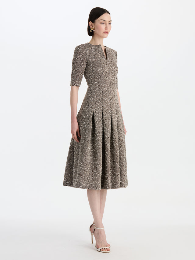 Slub Wool Tweed Split-Neck Dress