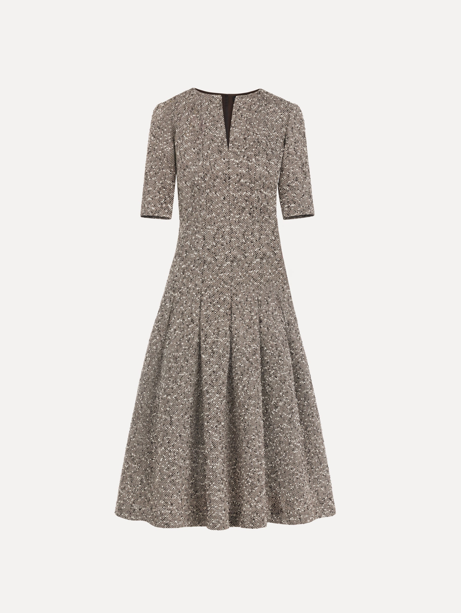 The Slub Wool Tweed Gauze Dress with midi sleeves in an ivory and brown palette.