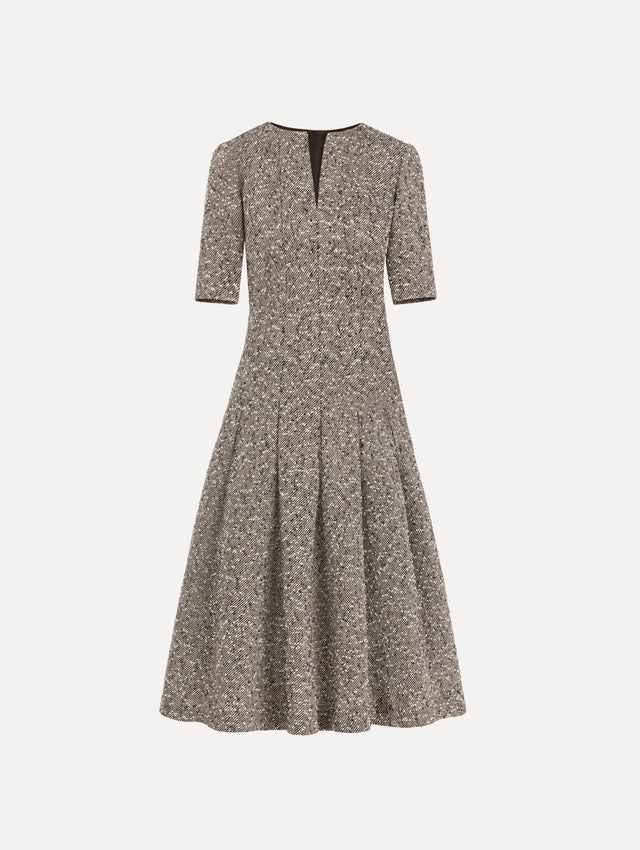 The Slub Wool Tweed Gauze Dress with midi sleeves in an ivory and brown palette.