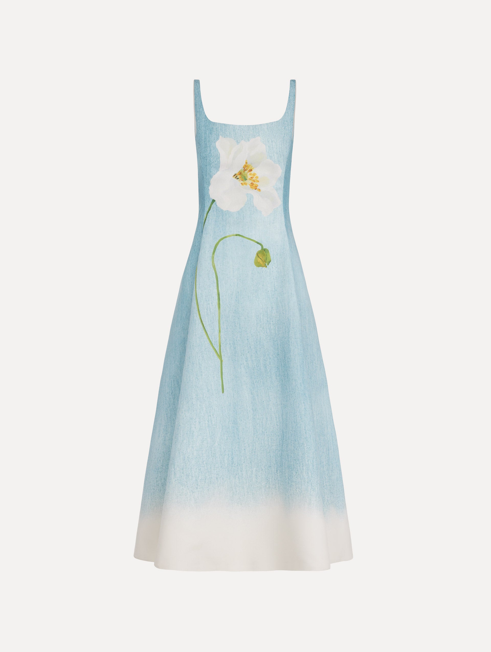 The model is wearing the ombré peony faille dress with a sleeveless scoop neckline in white and blue.