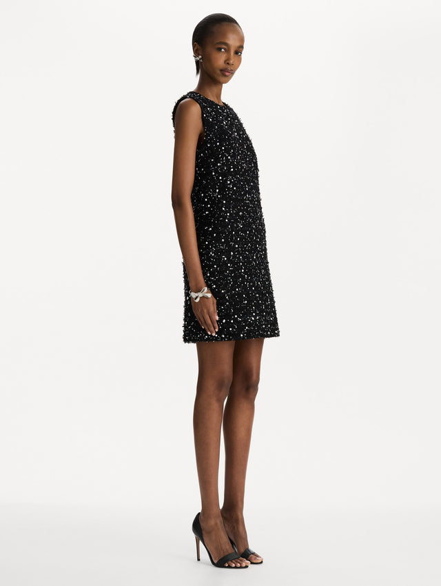 The model is wearing the sequin ribbon tweed sleeveless day dress in black and white. Side view. 