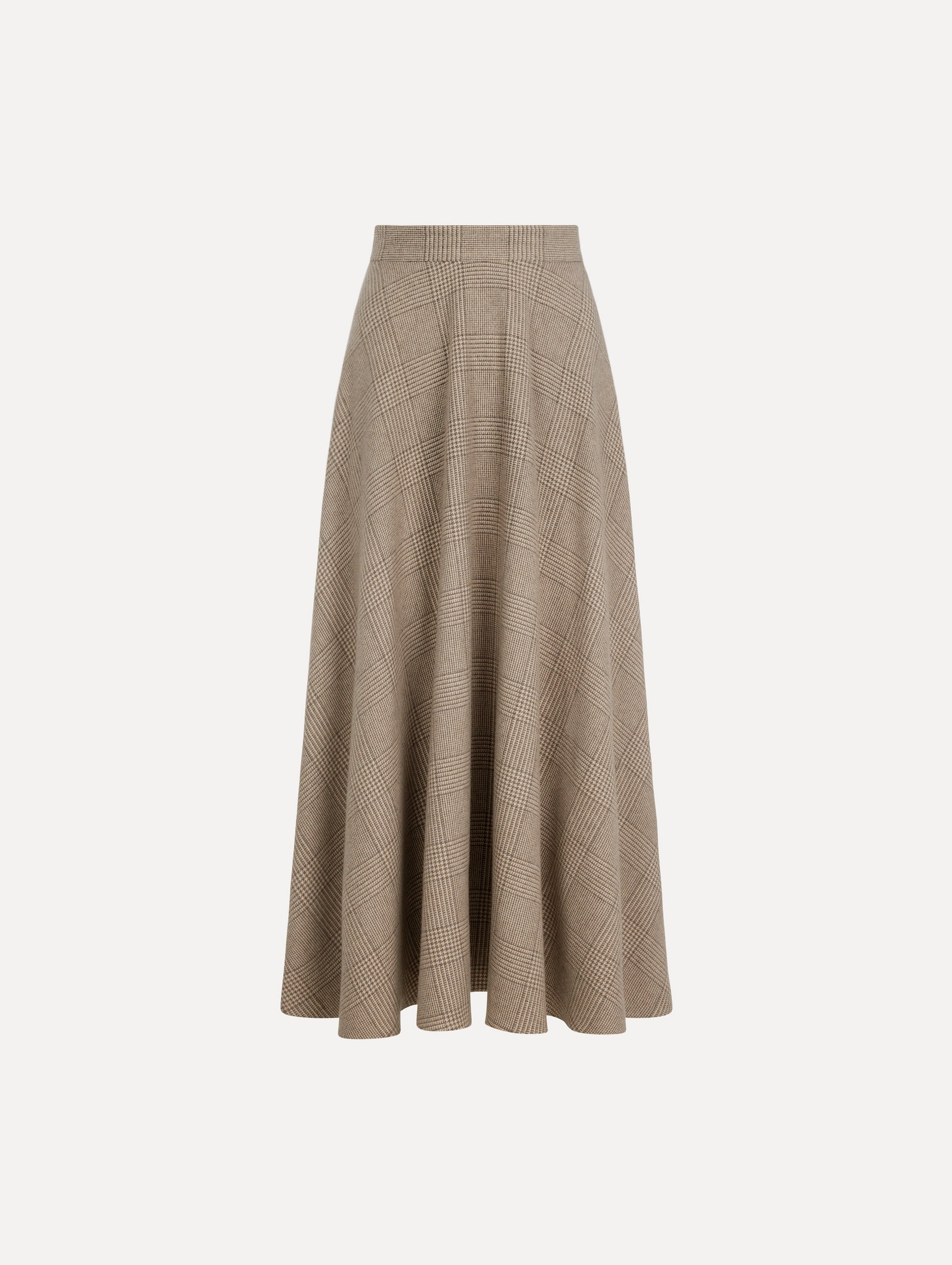 The model is wearing the plaid cashmere-blend skirt with a glen plaid pattern.
