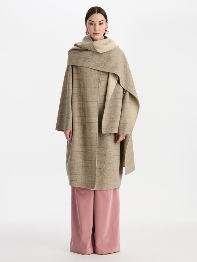 Plaid Cashmere Blend Coat with Scarf