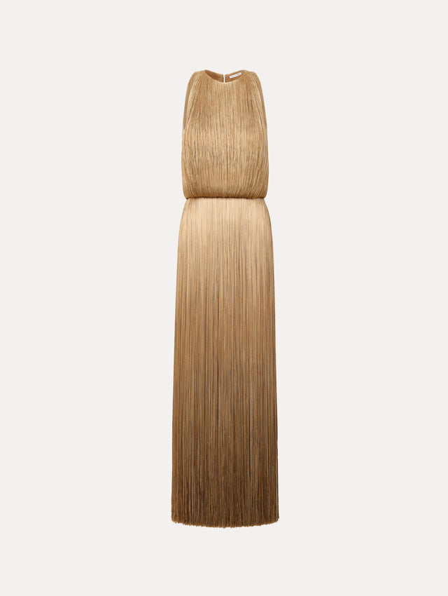 The Ombré Fringe Sleeveless Gown. Featuring layers of ombré fringe, a softly draped bodice, and elongated skirt. Front View.