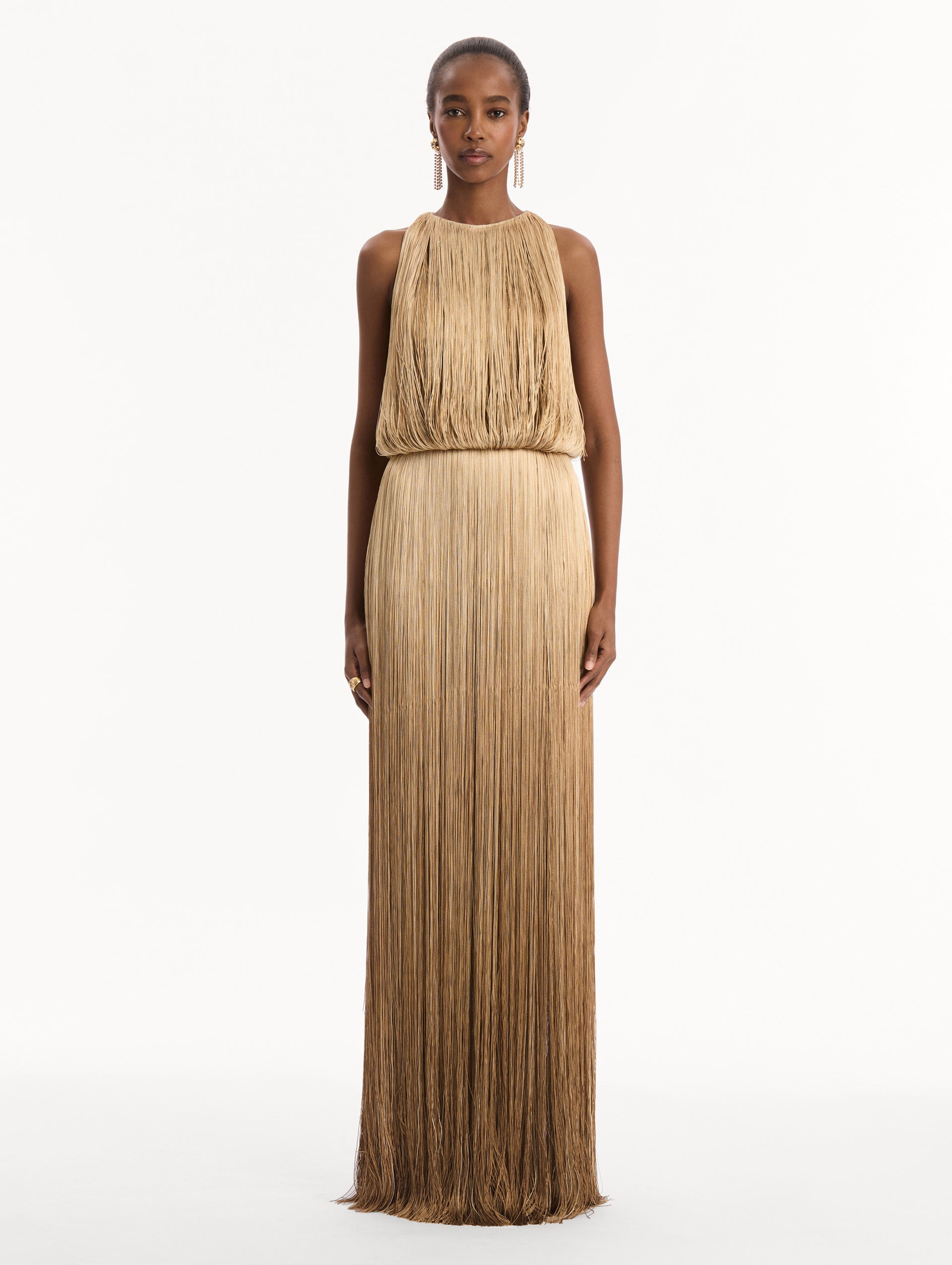 The model is wearing the Ombré Fringe Sleeveless Gown. Featuring layers of ombré fringe, a softly draped bodice, and elongated skirt. Front View.