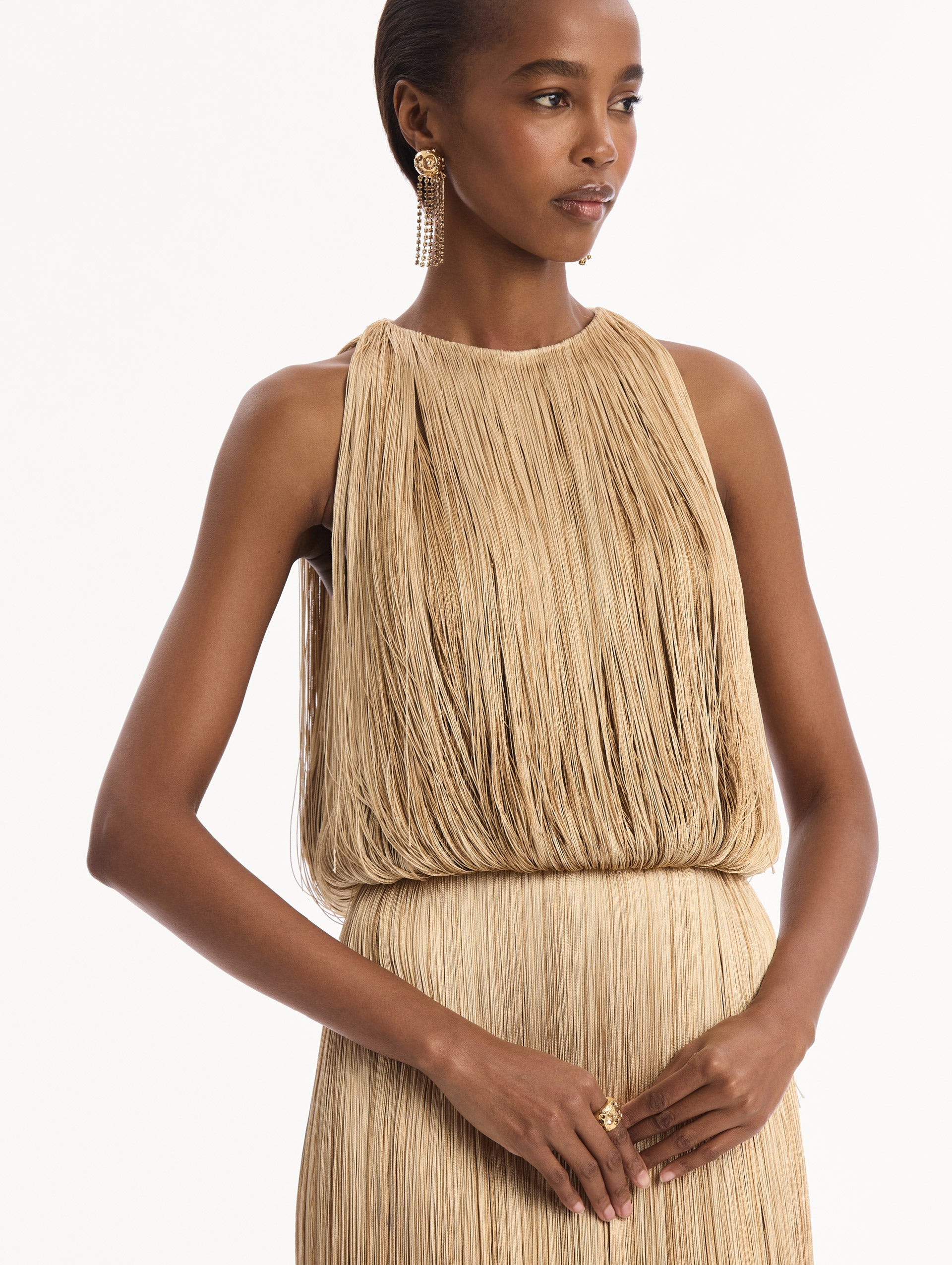 The model is wearing the Ombré Fringe Sleeveless Gown. Featuring layers of ombré fringe, a softly draped bodice, and elongated skirt. Detail View.