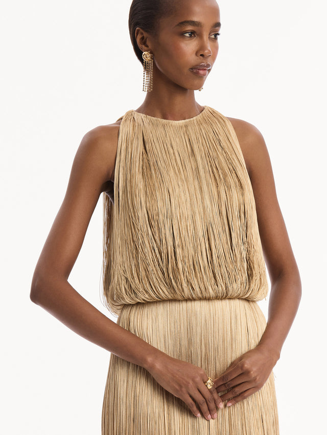 The model is wearing the Ombré Fringe Sleeveless Gown. Featuring layers of ombré fringe, a softly draped bodice, and elongated skirt. Detail View.