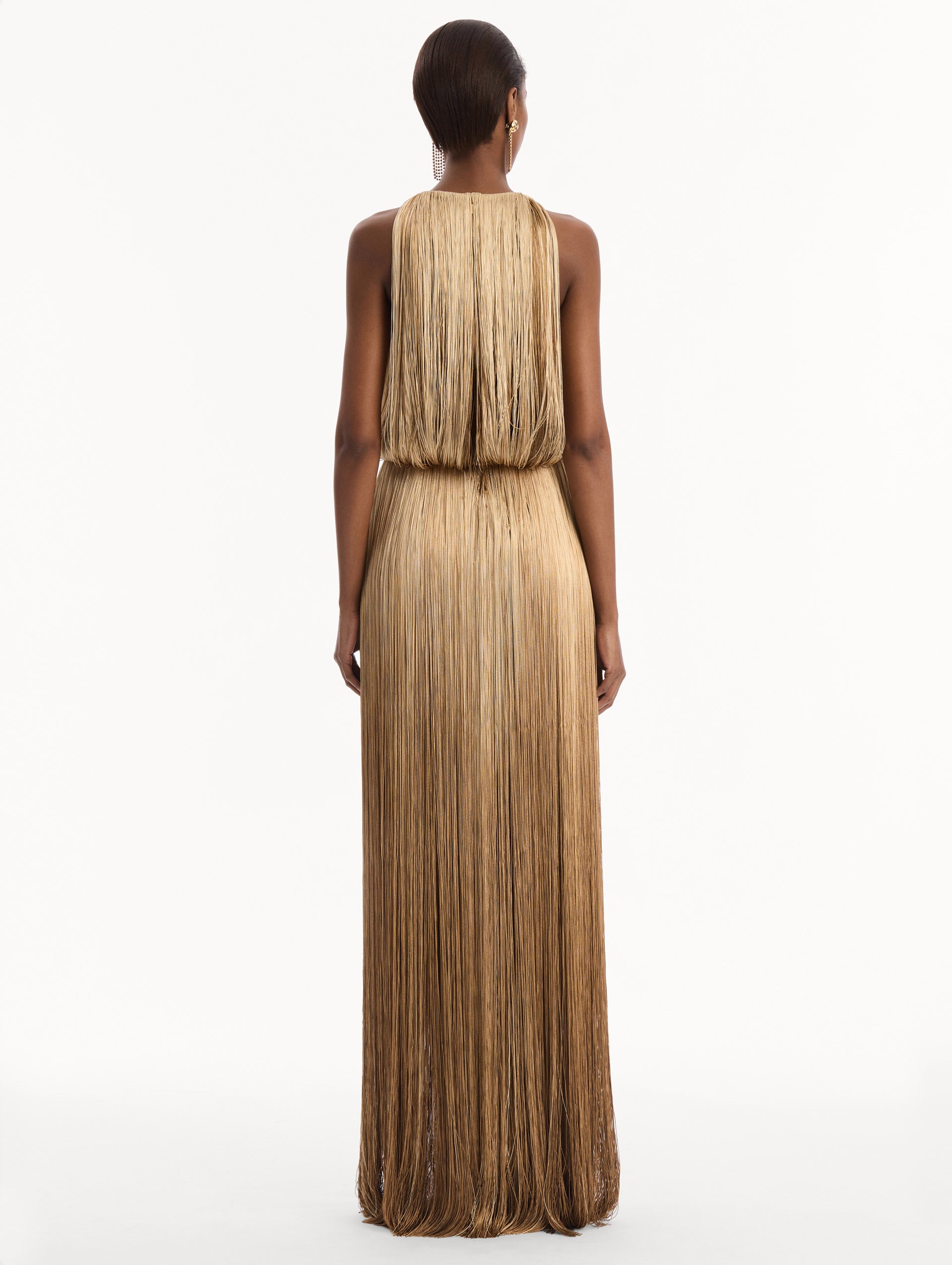 The model is wearing the Ombré Fringe Sleeveless Gown. Featuring layers of ombré fringe, a softly draped bodice, and elongated skirt. Back View.
