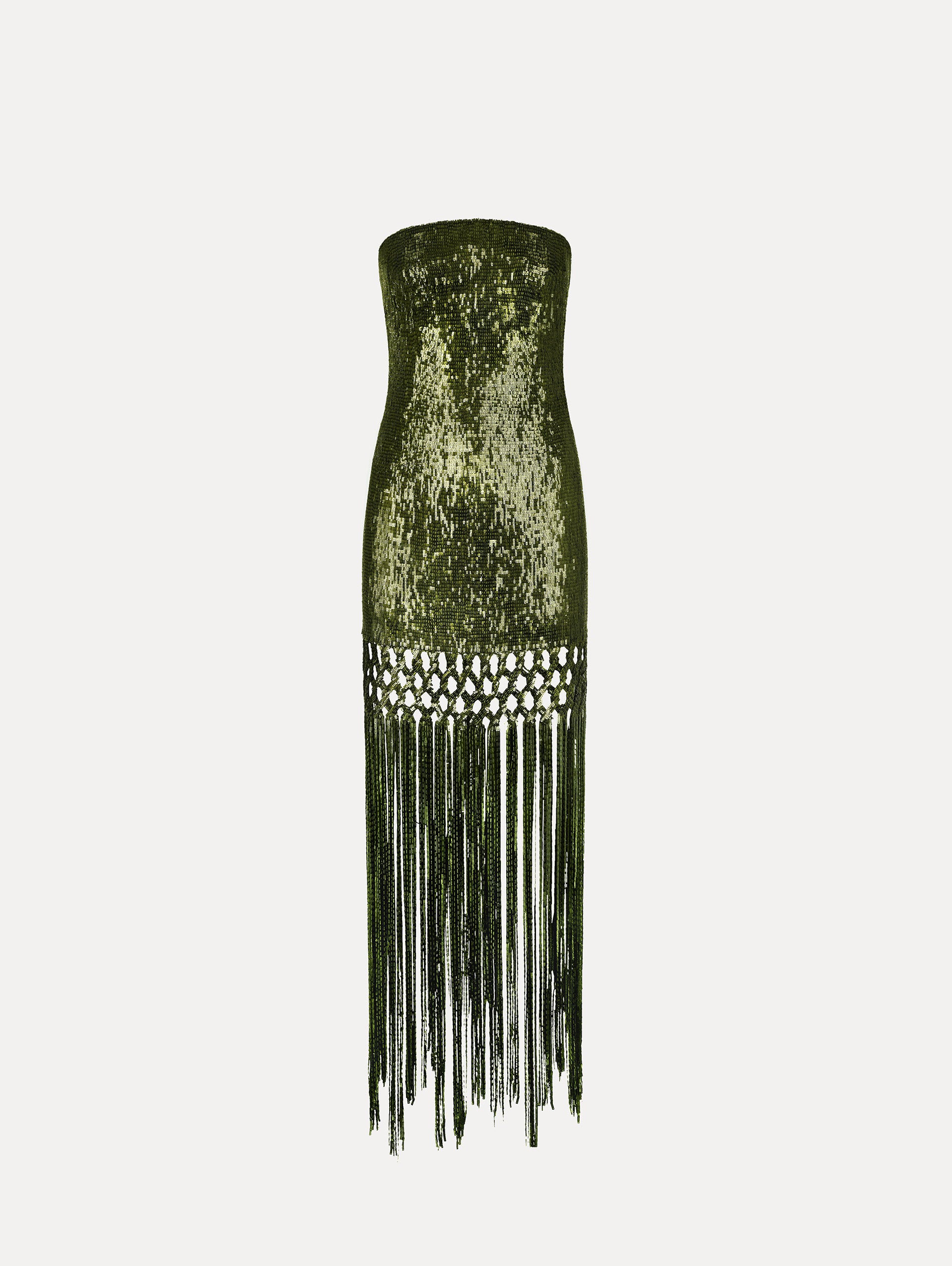 The Sequin Fringe Gown in green. Featuring a strapless neckline, fitted silhouette, and an open lattice detail cascading into a fringe skirt. Front View.