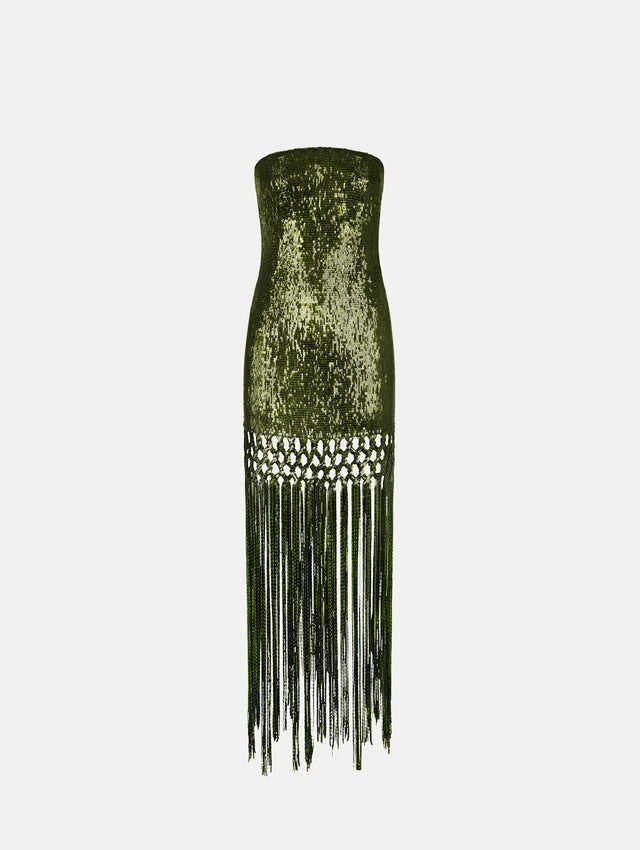 The Sequin Fringe Gown in green. Featuring a strapless neckline, fitted silhouette, and an open lattice detail cascading into a fringe skirt. Front View.